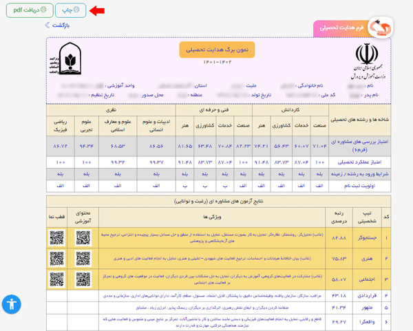 نمونه کارنامه هدایت تحصیلی