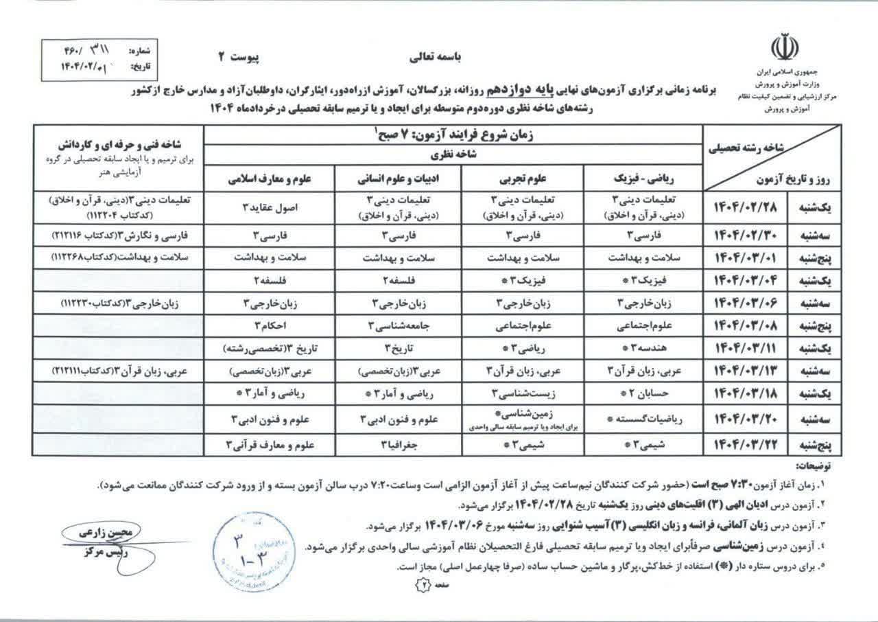 برنامه امتحانات نهایی سال دوازدهم 1404