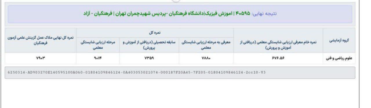 نمونه کارنامه قبولی دانشگاه فرهنگیان 1403
